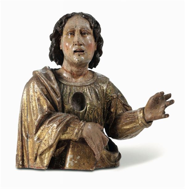 Busto reliquiario in legno scolpito, dipinto e dorato, Italia meridionale (Napoli?) XVII secolo