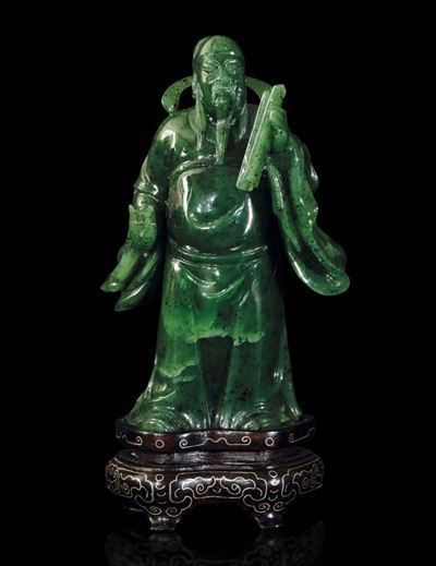Figura di Li Pai con Scroll Scolpita in Giada Spinacio, Cina, Inizi XX Secolo