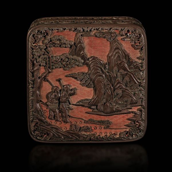 Scatola quadrata in lacca rossa con raffigurazione di contadini entro paesaggio e decori floreali, Cina, Dinastia Qing, epoca Qianlong (1736-1796)