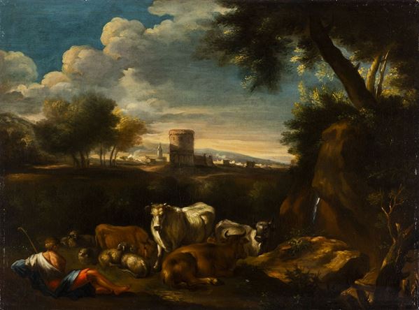 Pieter Mulier detto il Tempesta (Haarlem 1637 - Milano 1701), nei modi di Paesaggio con pastore e armenti