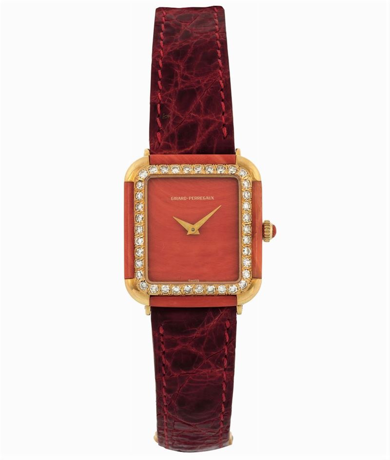 Girard Perregaux. Fine and rare, 18K yellow gold wristwatch with coral dial and diamonds case with original gold deployant clasp. Made circa 1960  - Auction wrist and pocket watches - Cambi Casa d'Aste