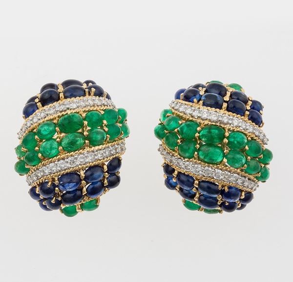 Pair of emerald, sapphire and diamond earrings
