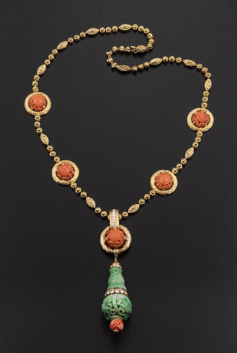 Carved coral and jade with diamond sautoir  - Auction Fine Coral Jewels - I - Cambi Casa d'Aste