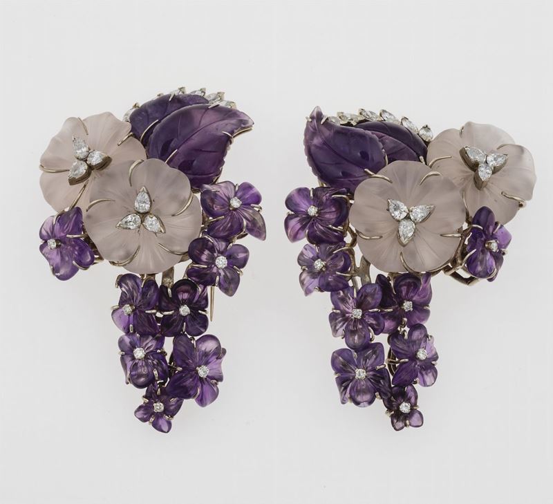 Pair of amethyst, rock crystal and diamond clips  - Auction Fine Jewels  - Cambi Casa d'Aste