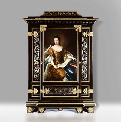 Importante Armadio Napoleone III con Anta Centrale Dipinta, Inserti Argentati e Dorati a Marquete...