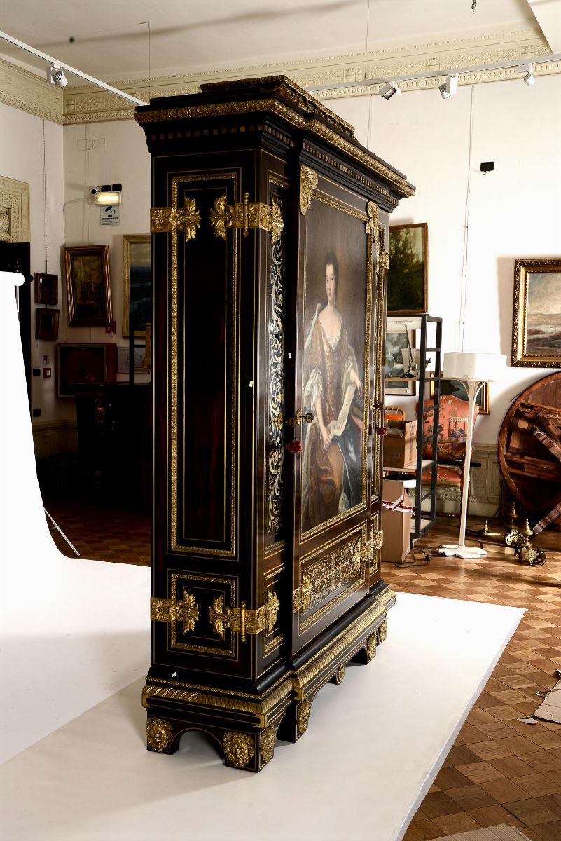 Importante Armadio Napoleone III con Anta Centrale Dipinta, Inserti Argentati e Dorati a Marquete...
