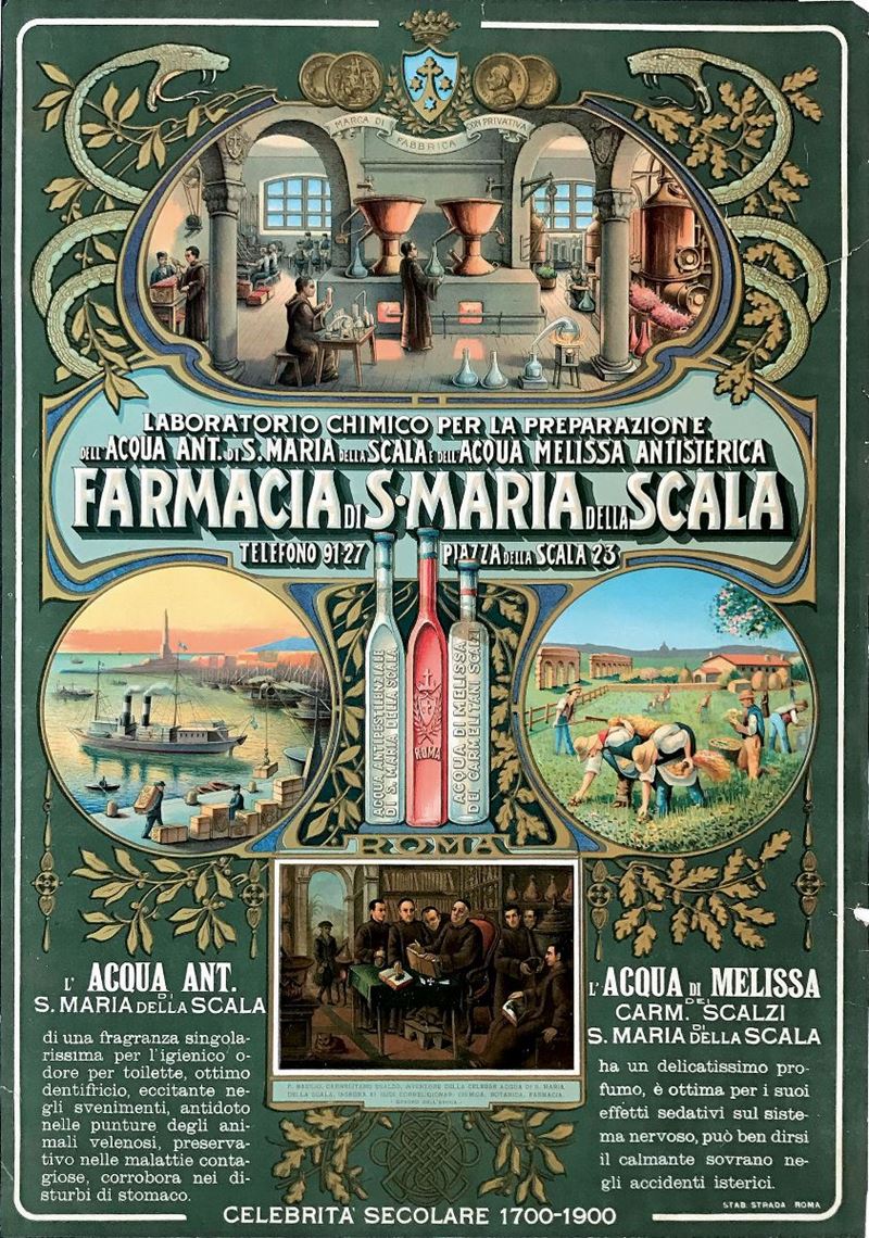 Anonimo LABORATORIO CHIMICO PER LA PREPARAZIONE DELL’ACQUA… FARMACIA DI S.MARIA DELLA SCALA  - Auction Vintage Posters - Cambi Casa d'Aste