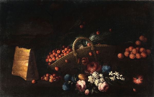 Scuola emiliana del XVIII secolo Natura morta con cesto di ciliegie, fiori e formaggio