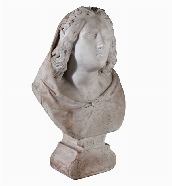 Busto femminile (Musa?) in marmo bianco. Italia XVII secolo. Scultore barocco di matrice algardiana