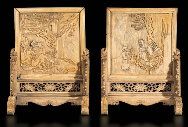 Two ivory table screens on stands, China, Qing Dynasty