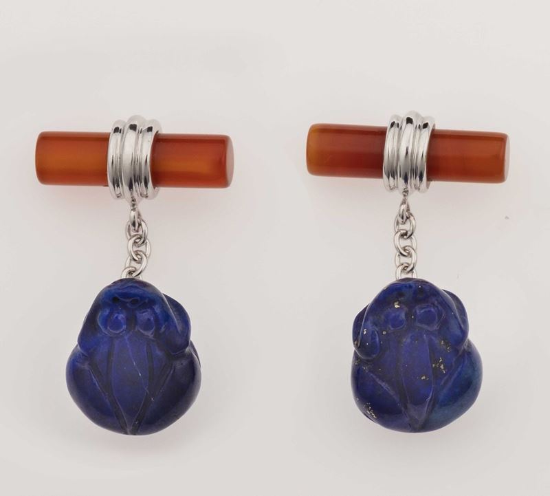Pair of lapis lazuli, cornelian and gold cufflinks  - Auction Fine Jewels - II - Cambi Casa d'Aste