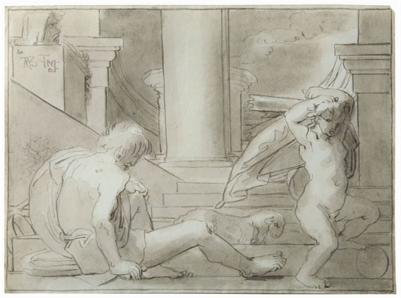 Fortunato Duranti (1787-1863) Due figure in un tempio  - Asta Dipinti Antichi - Cambi Casa d'Aste