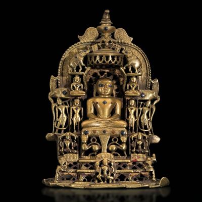 Figura di Parshvanatha Shrine Entro Aura in Bronzo con Innesti in Pietre Dure, India, Probabilmen...