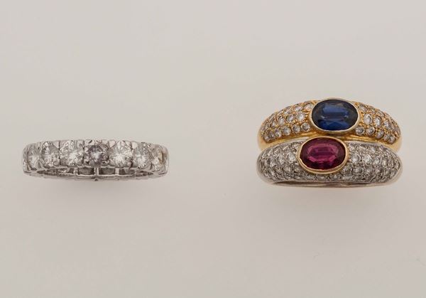 Two gold, diamond, sapphire and ruby rings