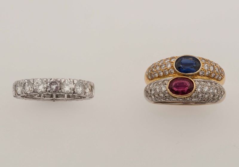 Two gold, diamond, sapphire and ruby rings  - Auction Fine Jewels - II - Cambi Casa d'Aste