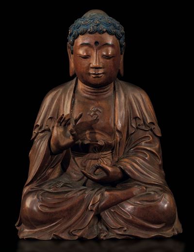 Figura di Buddha Seduto Scolpita in Legno di Bosso con Tracce di Policromia, Cina, Dinastia Qing,...