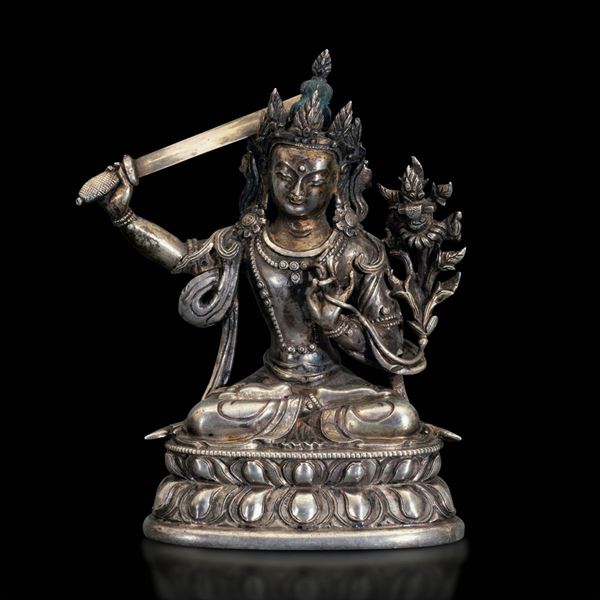 A rare silver Buddha Manjushri, Tibet, 1700s