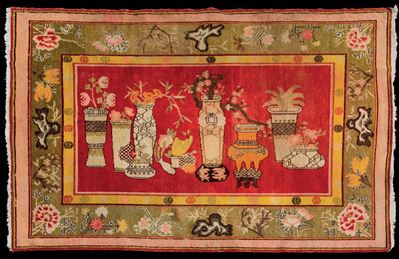 Tappeto Samarcanda in Cotone e Lana con Decoro Naturalistico, Turkestan, Inizio XX Secolo