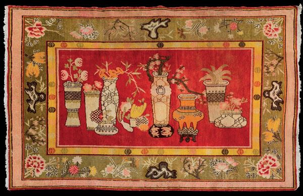 Tappeto Samarcanda in cotone e lana con decoro naturalistico, Turkestan, inizio XX secolo