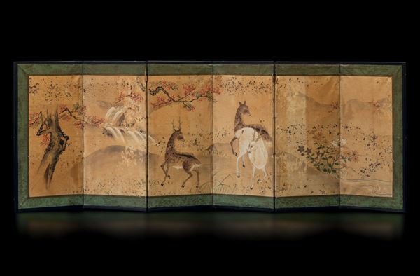 Piccolo paravento a sei ante con pannelli dipinti su carta raffiguranti cervi entro paesaggio, Giappone, periodo Edo, XIX secolo