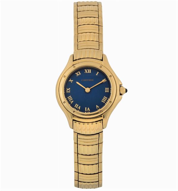 Cartier, Cougar, Blue Dial, Ref. 1170.1. Fine, 18K yellow gold lady's quartz wristwatch with original gold bracelet and deployant clasp. Accompanied by the original box and Guarantee. Made circa 1990