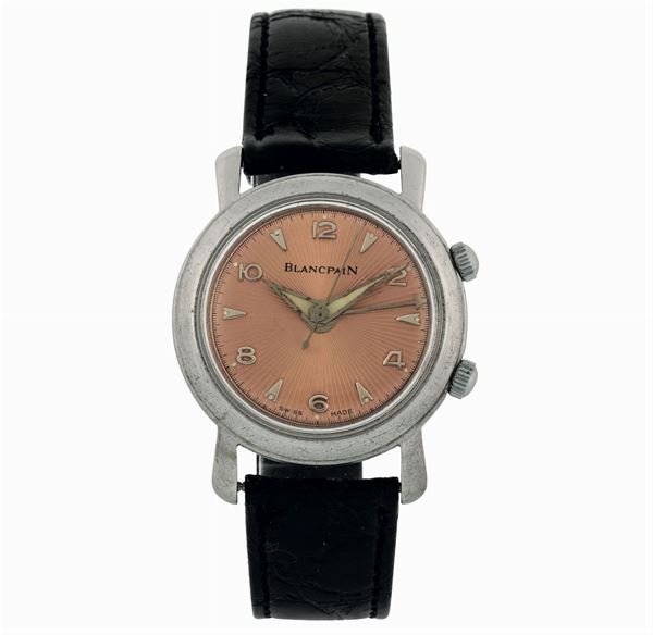 Blancpain, case No. 50403. Fine and unusual , water resistant, stainless steel wristwatch with alarm and sunburst salmon dial. Made circa 1930
