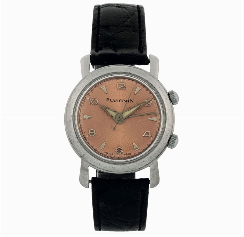 Blancpain, case No. 50403. Fine and unusual , water resistant, stainless steel wristwatch with alarm and sunburst salmon dial. Made circa 1930  - Auction wrist and pocket watches - Cambi Casa d'Aste