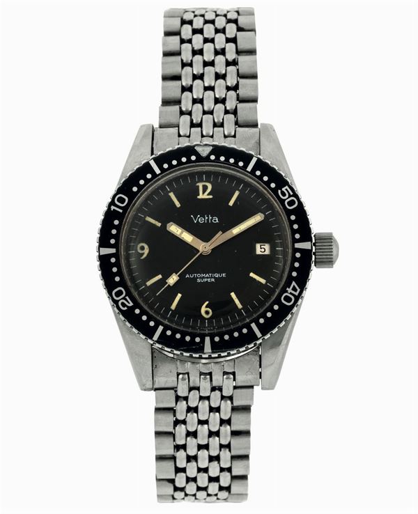 VETTA, Automatique Super, Ref.45042. Fine, water resistant, stainless steel diver's wristwatch with date and steel bracelet. Made circa 1970. Accompanied by a fitted box