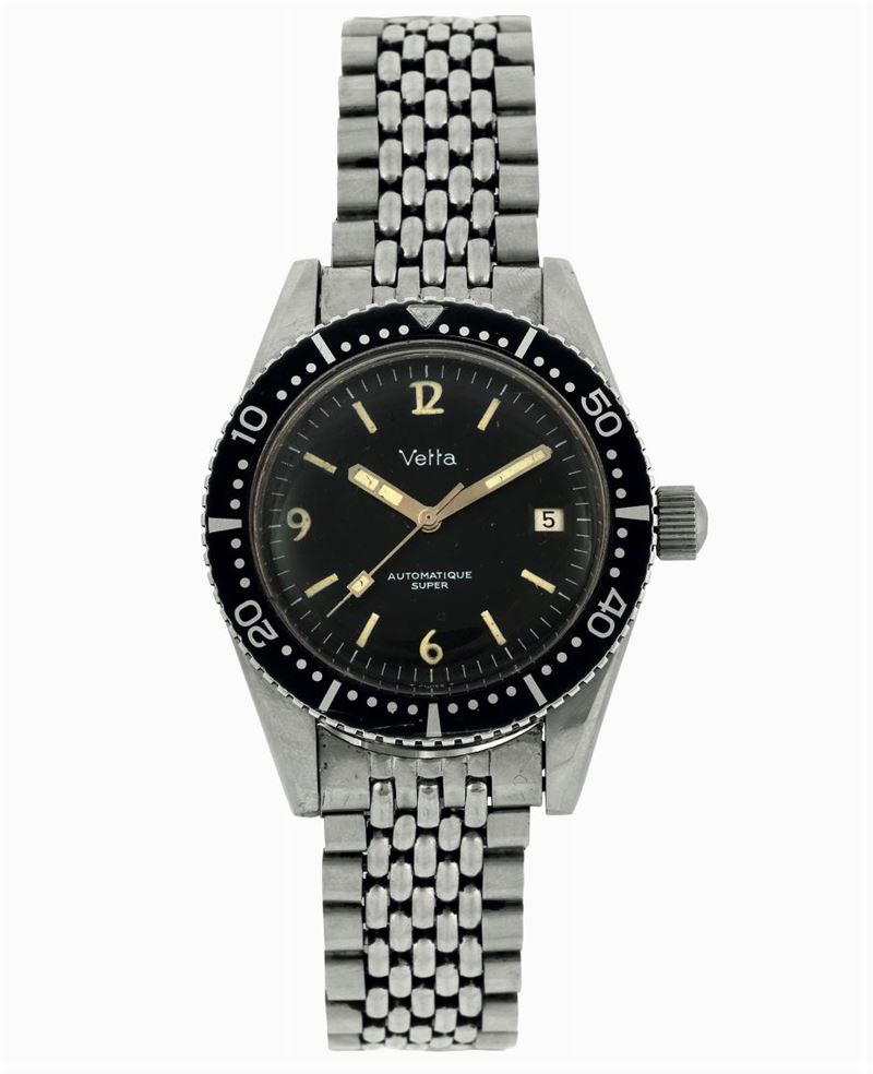 VETTA, Automatique Super, Ref.45042. Fine, water resistant, stainless steel diver's wristwatch with date and steel bracelet. Made circa 1970. Accompanied by a fitted box  - Auction wrist and pocket watches - Cambi Casa d'Aste