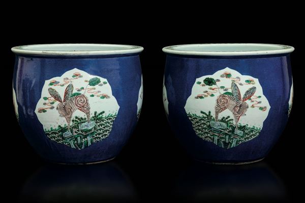 Coppia cachepots in porcellana Famiglia Verde con raffigurazioni di carpe tra i flutti e cani di Pho entro riserve su fondo blu poudrè, Cina, Dinastia Qing, XIX secolo