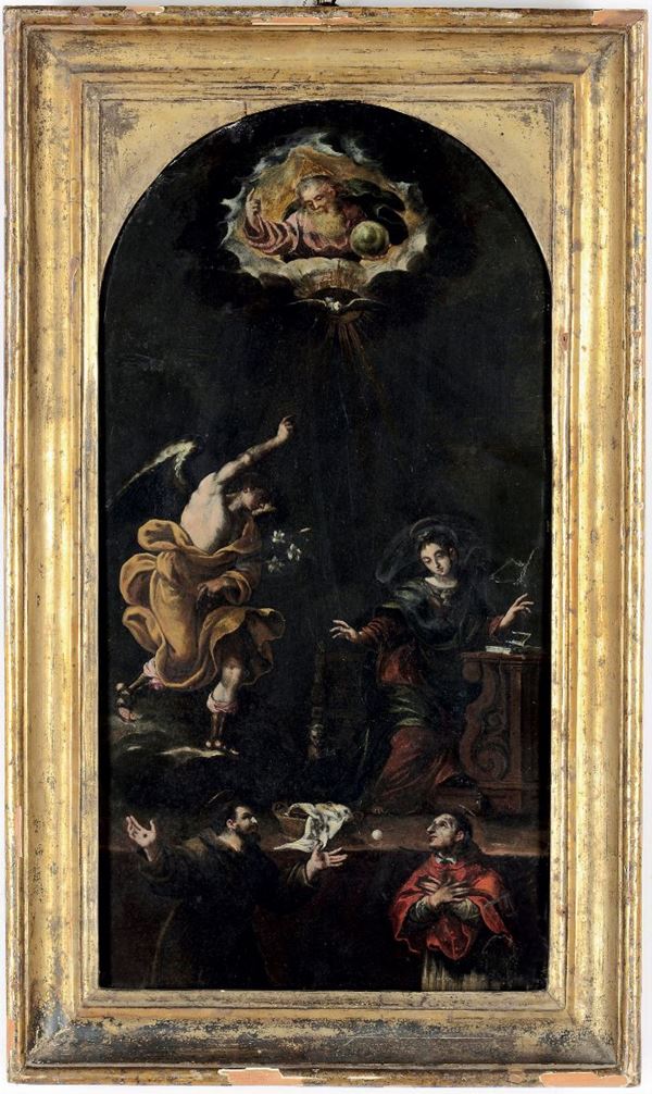 Pittore del XVII secolo Annunciazione con San Carlo, San Francesco e Dio Padre
