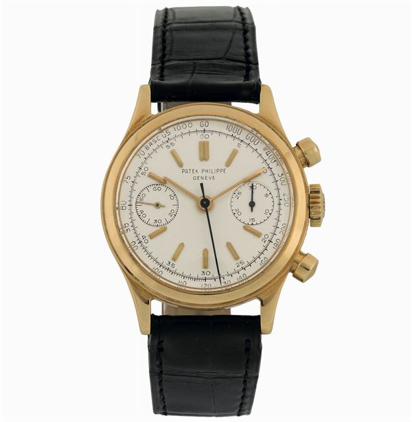 Patek Philippe, Genève, No. 869182, case No.2647868 , Ref. 1463. Extremely fine and rare, water-resistant, 18K yellow gold wristwatch with round button chronograph, register, tachometer and an 18K yellow gold Patek Philippe buckle. Accompanied by the Extract from the Archives. Made circa 1966