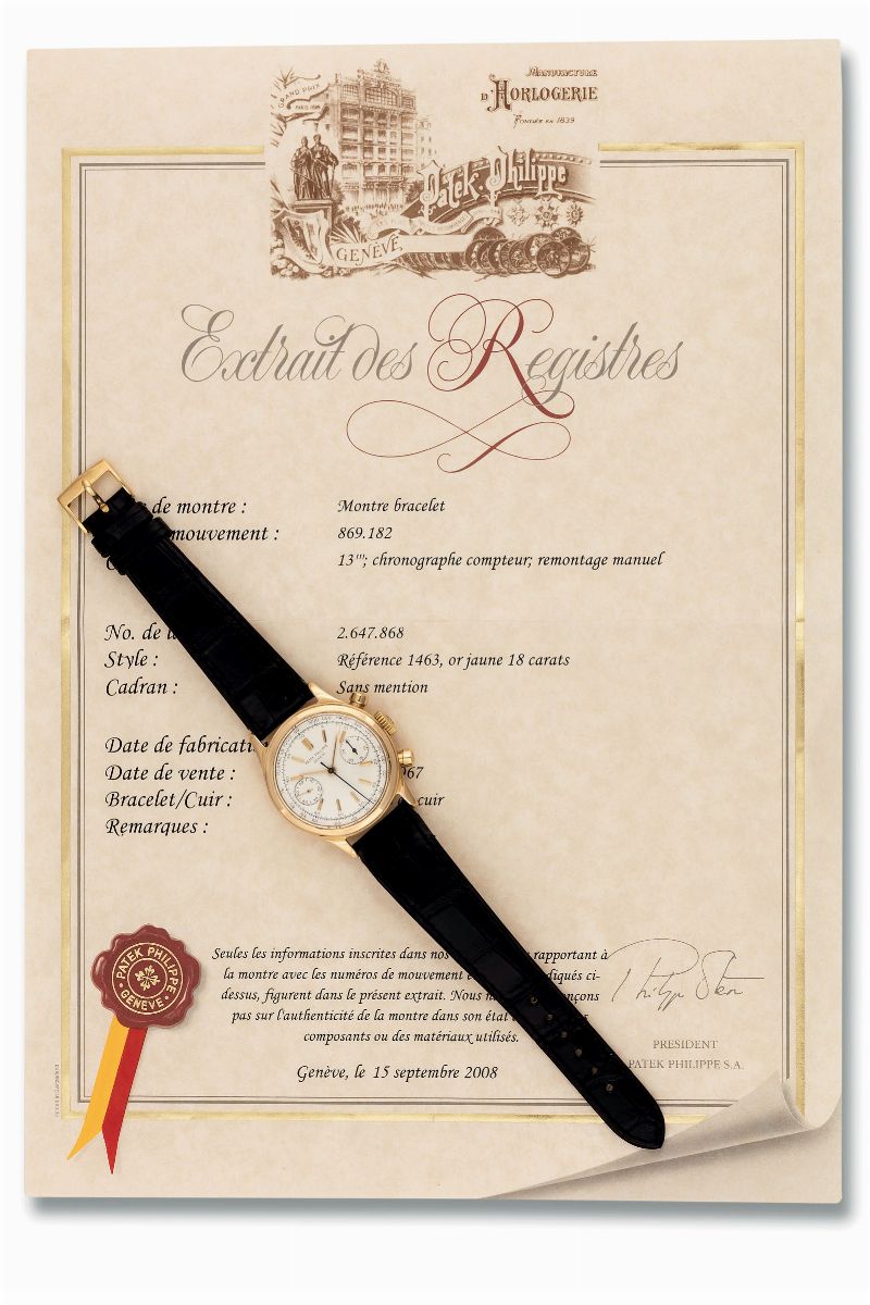 Patek Philippe, Genève, No. 869182, Cassa No. 2647868 , Ref. 1463. Raro, Orologio da Polso, in Or...