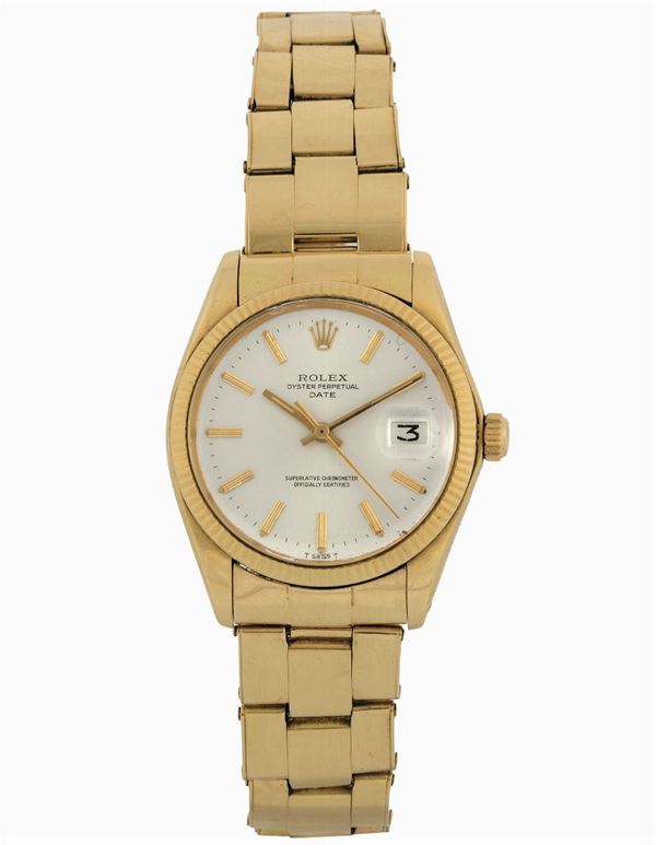 ROLEX, Oyster Perpetual, Date, Superlative Chronometer, Officially Certified, case No. 4012037, Ref. 1503. Fine, center seconds, self-winding, water-resistant, 18K yellow gold wristwatch with date and an 18K yellow gold Rolex Oyster riveted bracelel. Made circa 1975