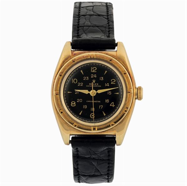 ROLEX, Oyster Perpetual, Chronometre, BUBBLE BACK, case No. 55243, Ref. 3372.  Fine and rare, tonneau-shaped, water-resistant, self-winding, center seconds, 18K yellow gold  wristwatch with original gold plated  buckle. Made in the 1940's.