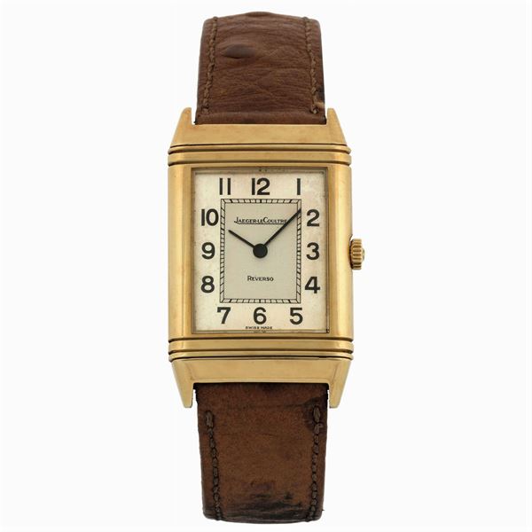 Jaeger-LeCoultre, Reverso, case No. 1534835, Ref. 6184.21. Very fine and rare, rectangular, reversible, 18K yellow gold wristwatch with a gold plated Jaeger LeCoultre buckle. Made circa 1980