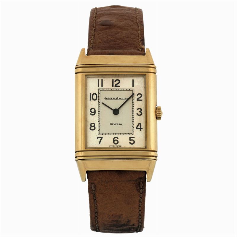 Jaeger-LeCoultre, Reverso, case No. 1534835, Ref. 6184.21. Very fine and rare, rectangular, reversible, 18K yellow gold wristwatch with a gold plated Jaeger LeCoultre buckle. Made circa 1980  - Auction wrist and pocket watches - Cambi Casa d'Aste