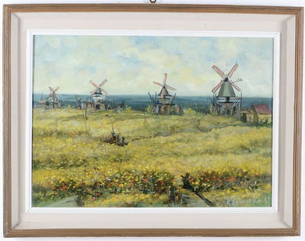 Lotto di tre dipinti con paesaggi olandesi, Raffaele Ferriello, XX secolo