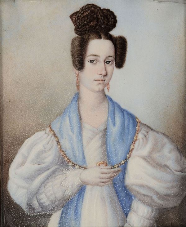 Galli (attivo a Roma nel 1830 circa), attr. Gentildonna in abito bianco e scialle celeste