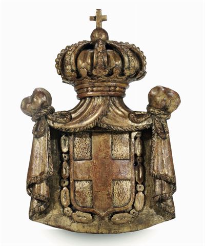 Tre Stemmi di Casa Savoia (principe, Duca, Conte) in Legno Scolpito, Dorato e Dipinto, Piemonte, ...