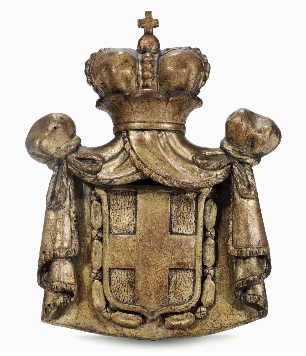 Tre Stemmi di Casa Savoia (principe, Duca, Conte) in Legno Scolpito, Dorato e Dipinto, Piemonte, ...