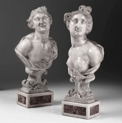 Bacco e Arianna in Marmo Bianco. Arte Barocca del XVIII Secolo. Scultore Prossimo a Domenico Paro...