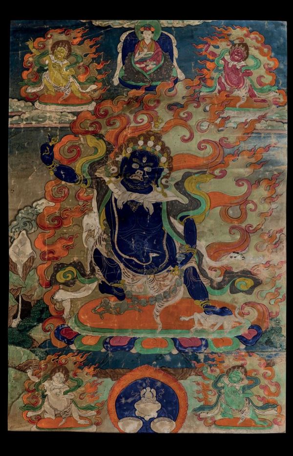 Thangka su seta con figura centrale di Nairatmya circondata da altre divinità, Tibet, XVIII secolo