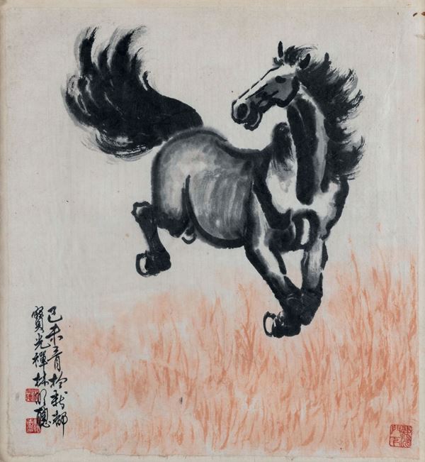 Dipinto su carta raffigurante cavallo con iscrizione, Cina, XX secolo