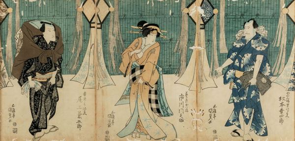 Quattro stampe su carta raffiguranti serie di scene di vita comune con Geishe e Samurai, Giappone, periodo Meiji (1868-1912)