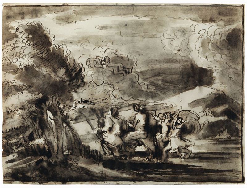 Fortunato Duranti (1787-1863) Paesaggio con viandanti  - Asta Dipinti Antichi - Cambi Casa d'Aste
