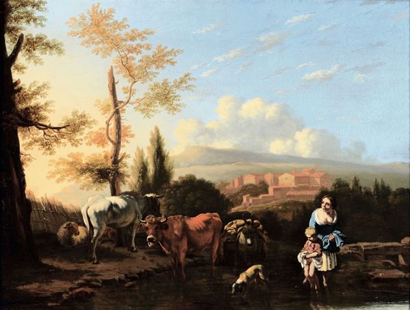 Karel Dujardin (Amsterdam 1622 - Venezia 1678) Paesaggio con armenti e mamma con bambino