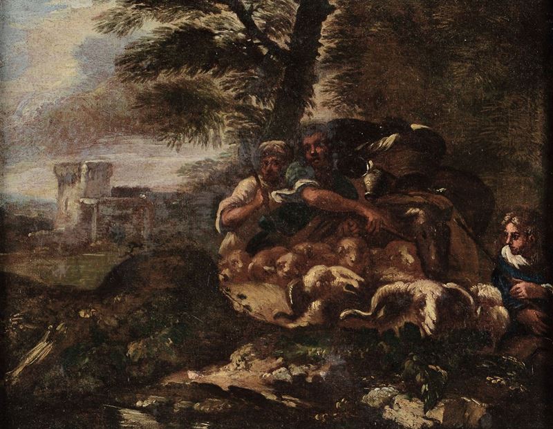Giovanni Benedetto detto il Grechetto Castiglione (Genova 1609 - Mantova 1664), scuola di Paesaggio con pastori e armenti  - Asta Dipinti Antichi - Cambi Casa d'Aste