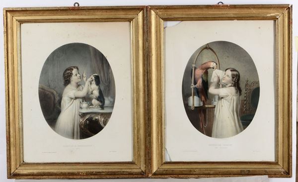 Tre litografie in cornice, Francia XIX secolo