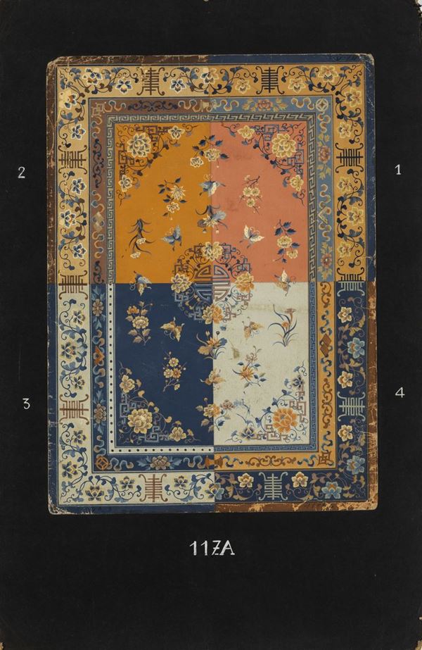 Coppia di progetti per decorazioni di tappeti realizzati ad acquerello su carta, Cina, inizi XX secolo